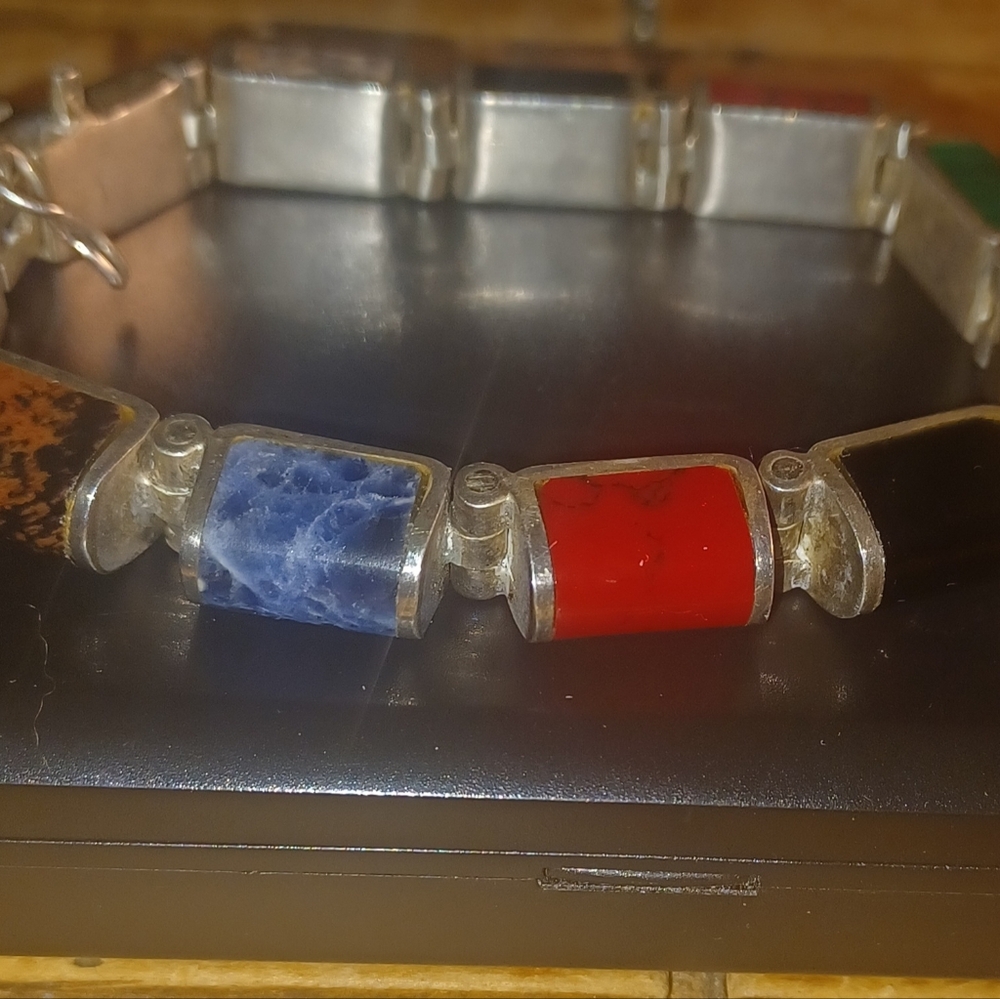 Vintage Taxco Multicolor Sterling Silver Bracelet 7.5" - Picture 2 of 8